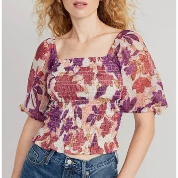 Old Navy L Floral Smocked Peasant Top Boho Square Neck Peasant Autumn Blouse NWT - Picture 1 of 8